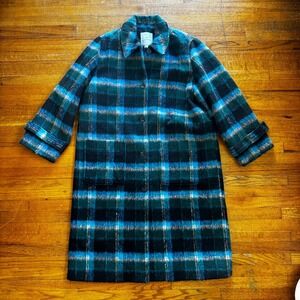 Plaid Wool Blend Coat Women's XL Green Blue Button Front Long Sleeve
